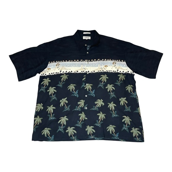 Vintage Campia Moda Mens XXL Black Rayon Bikini Girl Palm Tree Hawaiian Shirt